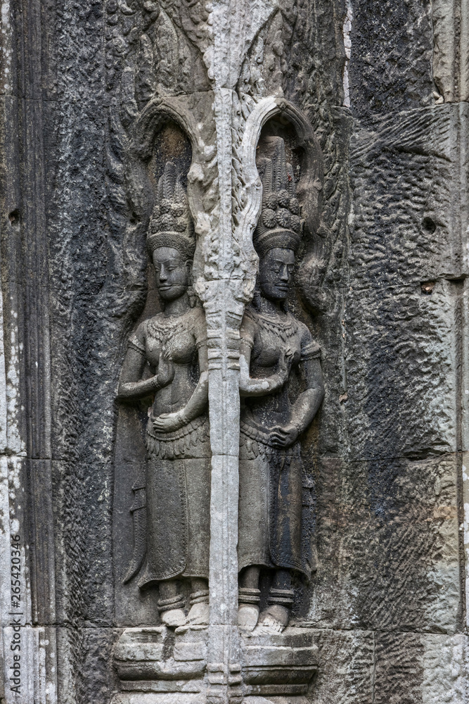 Beautiful sculpture at the Ta Prohm temple ruins in Siem Reap, Cambodia