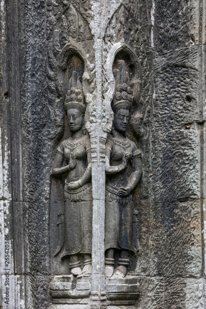 Beautiful sculpture at the Ta Prohm temple ruins in Siem Reap, Cambodia Beautiful sculpture at the Ta Prohm temple ruins in Siem Reap, Cambodia