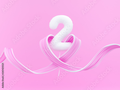 Two year birthday. Number 2 flying white balloon and heart shaped ribbon on pink. Two-year anniversary background. 3d rendering