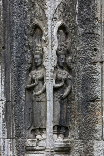 Beautiful sculpture at the Ta Prohm temple ruins in Siem Reap  Cambodia