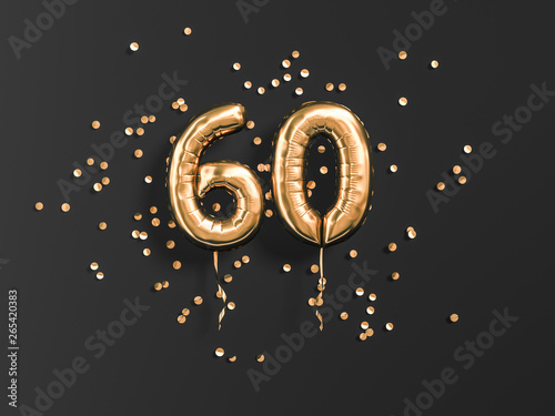 60 years old. Gold balloons number 60th anniversary, happy birthday congratulations. 3d rendering.