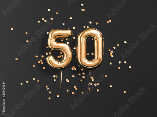 50 years old. Gold balloons number 50th anniversary, happy birthday congratulations. 3d rendering.