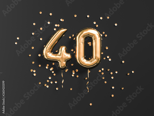 40 years old. Gold balloons number 40th anniversary, happy birthday congratulations. 3d rendering. photo