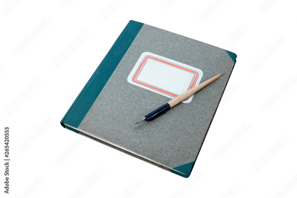 Old paper notebook with hard cover and old wooden fountain pen on white background. Old paper notebook with hard cover and old wooden fountain pen on white background.