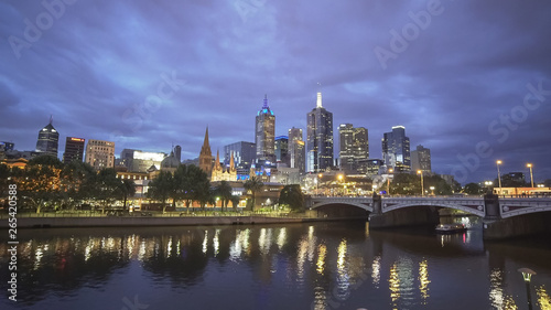 night wide angle view of yarra river and city of melbourne