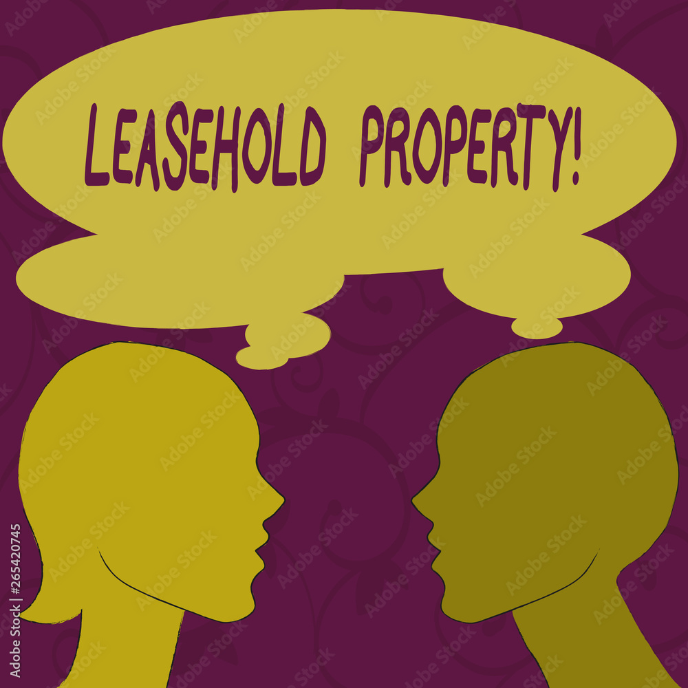 Text sign showing Leasehold Property. Business photo showcasing ownership of a temporary right to hold land or property Silhouette Sideview Profile Image of Man and Woman with Shared Thought Bubble