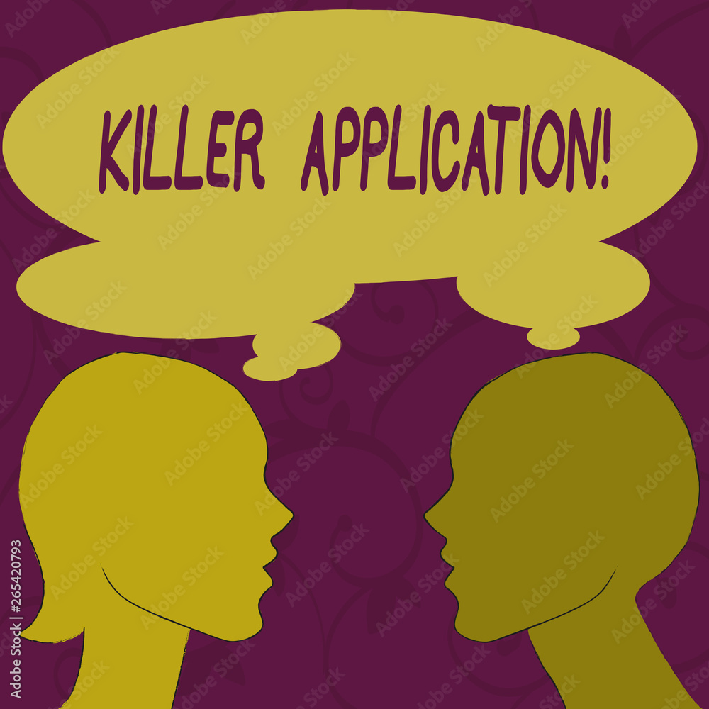 Text sign showing Killer Application. Business photo showcasing virtually indispensable or much superior to rival product Silhouette Sideview Profile Image of Man and Woman with Shared Thought Bubble