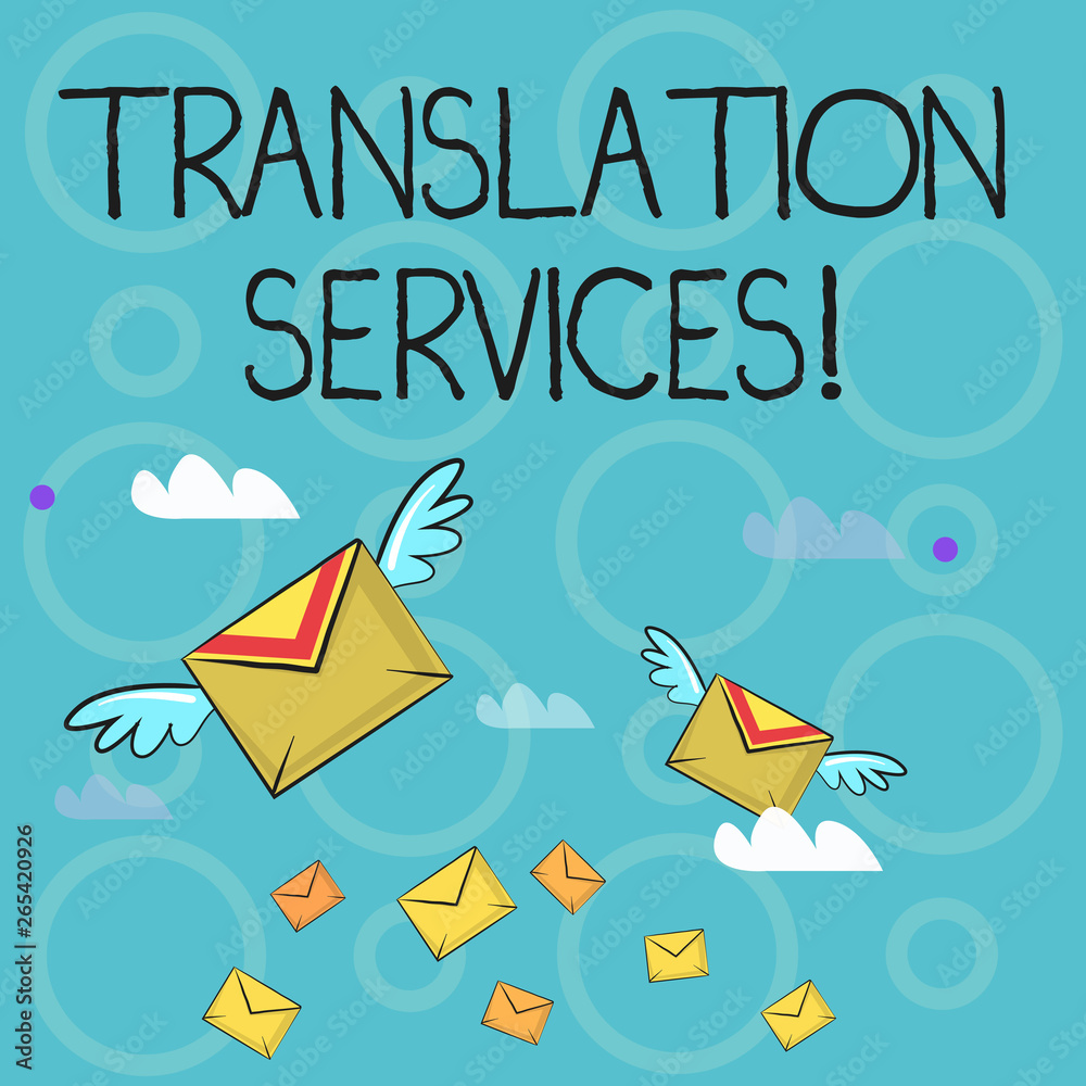 Conceptual hand writing showing Translation Services. Concept meaning organization that provide showing to translate speech Colorful Airmail Letter Envelopes and Two of Them with Wings