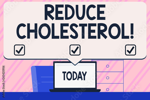 Conceptual hand writing showing Reduce Cholesterol. Concept meaning lessen the intake of saturated fats in the diet Blank Huge Speech Bubble Pointing to the White Laptop Screen