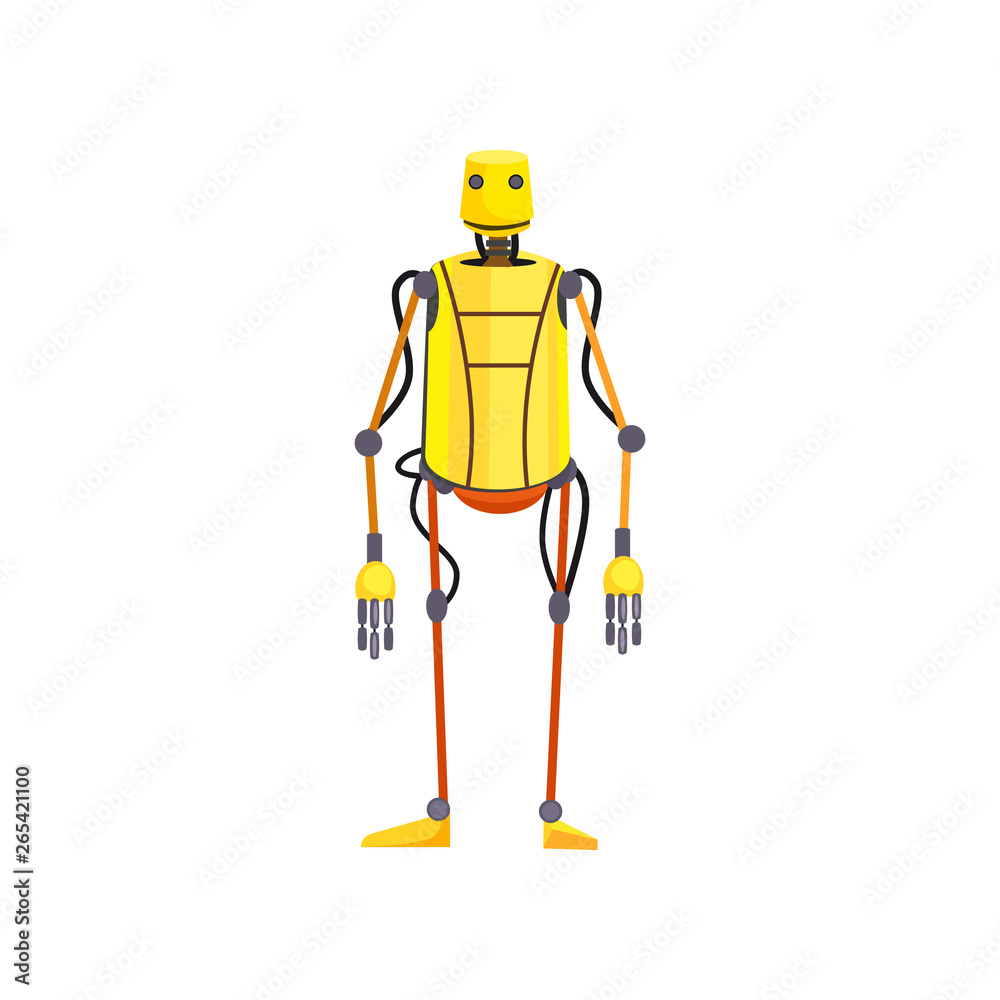 Humanoid robot cartoon illustration. Yellow cyborg with cords built to resemble human body. Robotics concept. Vector illustration can be used for topics like robotic science, engineering, computing Stock Vector | Adobe Stock Humanoid robot cartoon illustration. Yellow cyborg with cords built to resemble human body. Robotics concept. Vector illustration can be used for topics like robotic science, engineering, computing Stock Vector | Adobe Stock