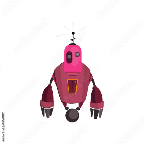 Pink robot cartoon illustration. Balancing cyborg with antenna. Robotics concept. Vector illustration can be used for topics like robotic science, engineering, computing