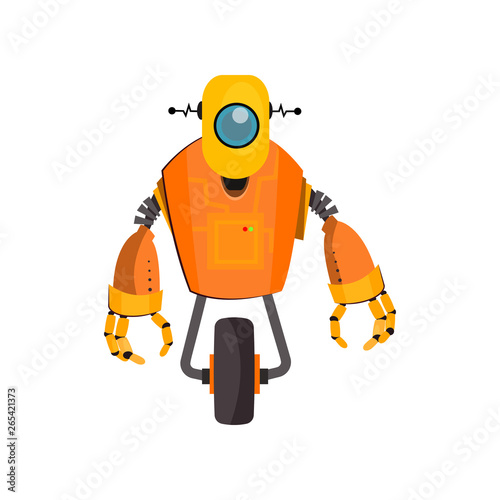 Fototapeta Naklejka Na Ścianę i Meble -  Yellow robot cartoon illustration. One wheeled cyborg with wheel and arms. Robotics concept. Vector illustration can be used for topics like robotic science, engineering, cyber technology