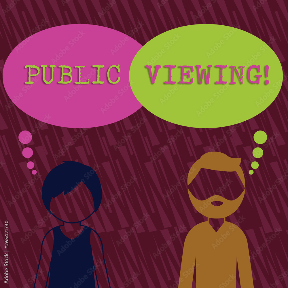 Text sign showing Public Viewing. Business photo text Describes the viewing of an event in a public crowd Bearded Man and Woman Faceless Profile with Blank Colorful Thought Bubble Text sign showing Public Viewing. Business photo text Describes the viewing of an event in a public crowd Bearded Man and Woman Faceless Profile with Blank Colorful Thought Bubble