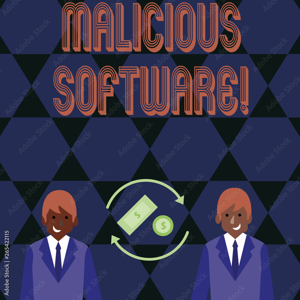 Word writing text Malicious Software. Business photo showcasing the software that brings harm to a computer system Money in Dollar Currency Sign Inside Rotating Arrows Between Two Businessmen Word writing text Malicious Software. Business photo showcasing the software that brings harm to a computer system Money in Dollar Currency Sign Inside Rotating Arrows Between Two Businessmen
