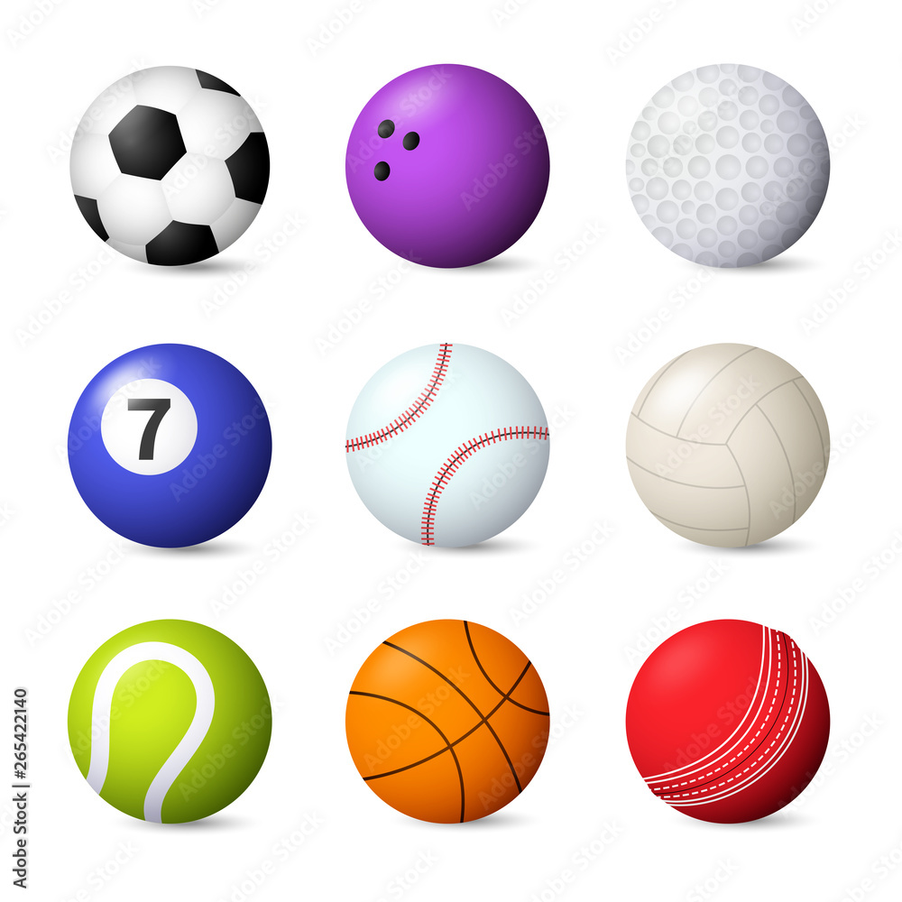 Balls set vector illustration. Bowling, baseball, football, snooker, tennis. Ball games concept. Vector illustration can be used for topics like sport, leisure, hobby Balls set vector illustration. Bowling, baseball, football, snooker, tennis. Ball games concept. Vector illustration can be used for topics like sport, leisure, hobby