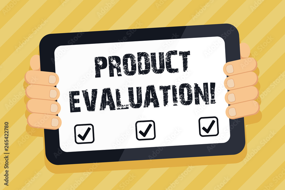 Text sign showing Product Evaluation. Business photo text viability of the product with respect to market deanalysisd Color Tablet Smartphone with Blank Screen Handheld from the Back of Gadget Text sign showing Product Evaluation. Business photo text viability of the product with respect to market deanalysisd Color Tablet Smartphone with Blank Screen Handheld from the Back of Gadget