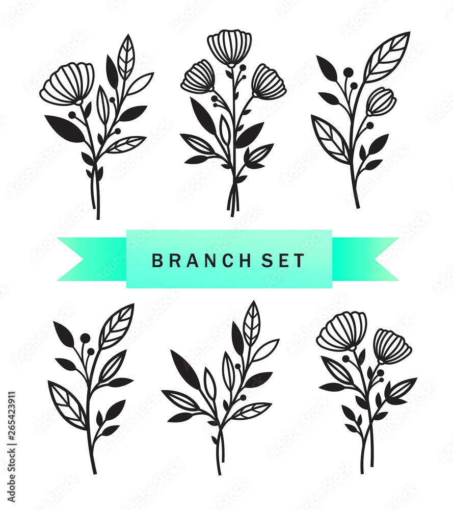 Set of branches with flowers and leaves. Patterns for decoration. Elements for cutting paper, plotter or laser cutting.
