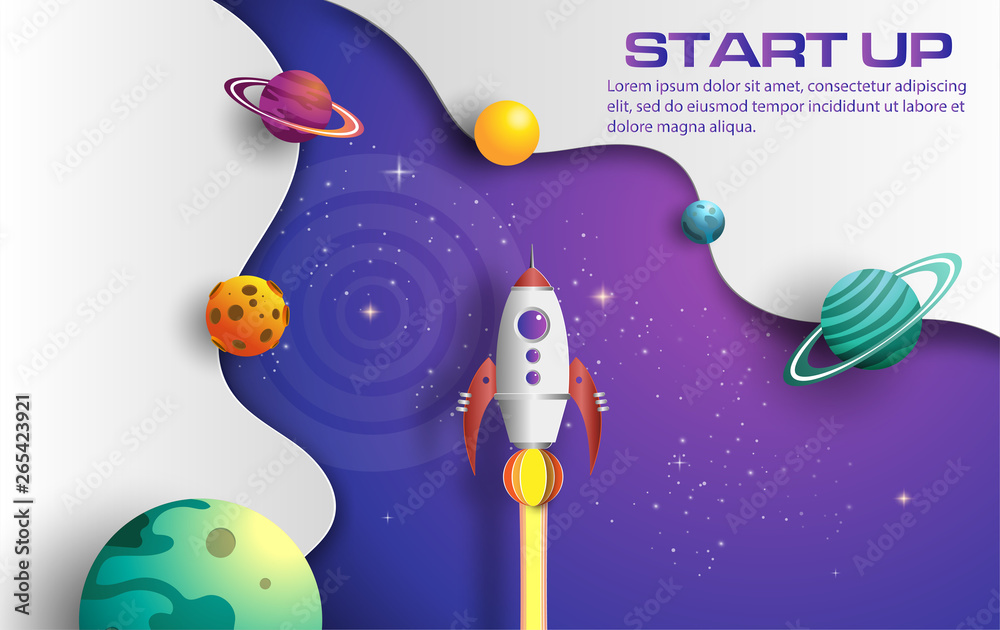 Fototapeta premium Paper art style of rocket flying in space, start up concept, design banner template, flat-style vector illustration.
