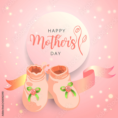Mother day congratulation and invitation card with cute little baby booties and typography logo with rose blossom.