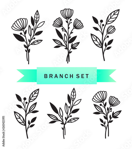 Set of branches with flowers and leaves. Patterns for decoration. Elements for cutting paper, plotter or laser cutting.
