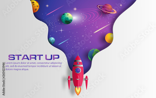 Paper art style of rocket flying in space, start up concept, design banner template, flat-style vector illustration.