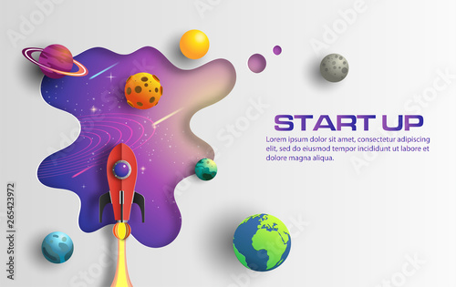 Paper art style of rocket flying in space, start up concept, design banner template, flat-style vector illustration.