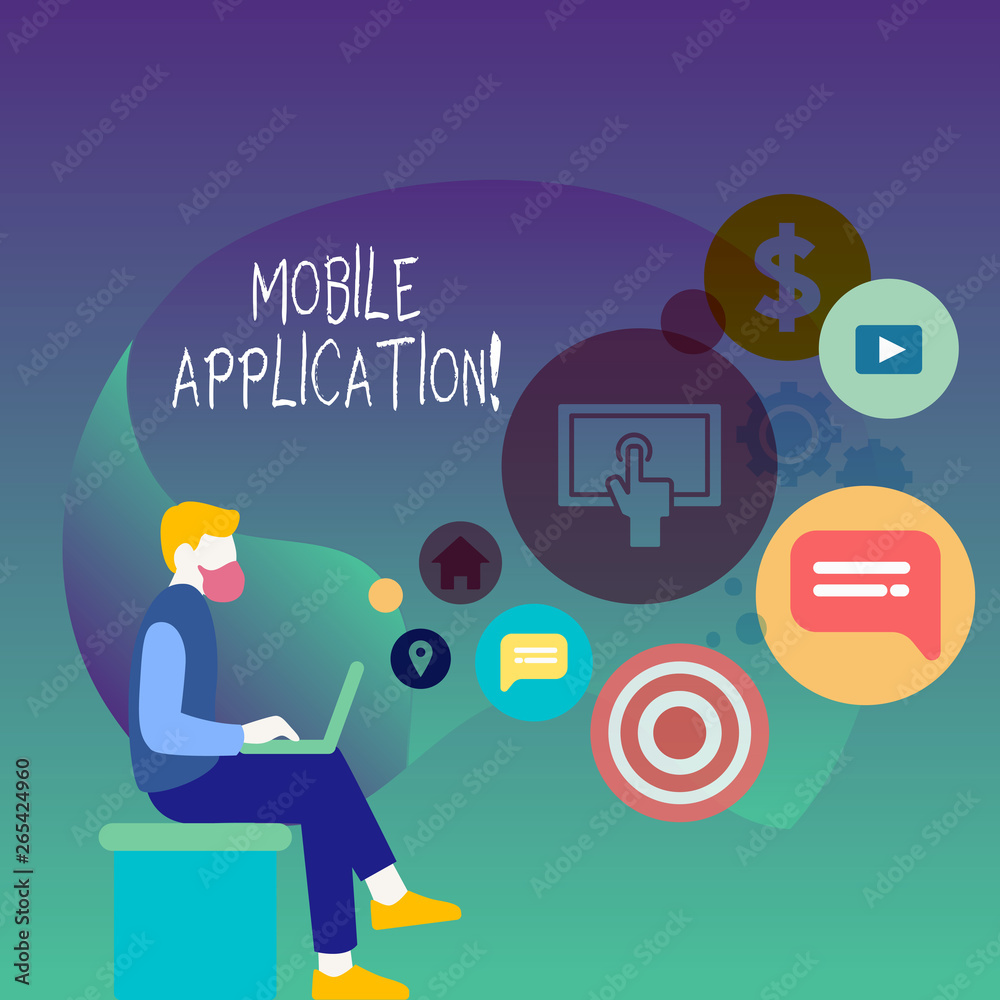 Text sign showing Mobile Application. Business photo showcasing application software designed to run on a mobile device Man Sitting Down with Laptop on his Lap and SEO Driver Icons on Blank Space Text sign showing Mobile Application. Business photo showcasing application software designed to run on a mobile device Man Sitting Down with Laptop on his Lap and SEO Driver Icons on Blank Space