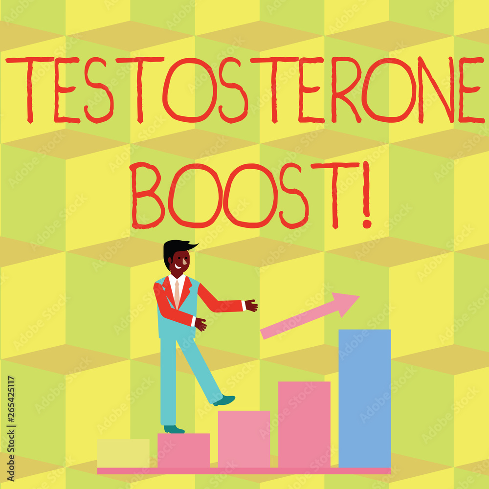 Handwriting text Testosterone Boost. Conceptual photo rise of primary male sex hormone and an anabolic steroid Smiling Businessman Climbing Colorful Bar Chart Following an Arrow Going Up Handwriting text Testosterone Boost. Conceptual photo rise of primary male sex hormone and an anabolic steroid Smiling Businessman Climbing Colorful Bar Chart Following an Arrow Going Up