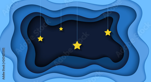 Space or sky paper cut background. Stars and planets. Theatre. Horizontal banner, brochure, poster. Blue color. Simple realistic design. Beautiful template. Flat style vector illustration.