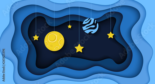Space or sky paper cut background. Stars and planets. Theatre. Horizontal banner, brochure, poster. Blue color. Simple realistic design. Beautiful template. Flat style vector illustration.
