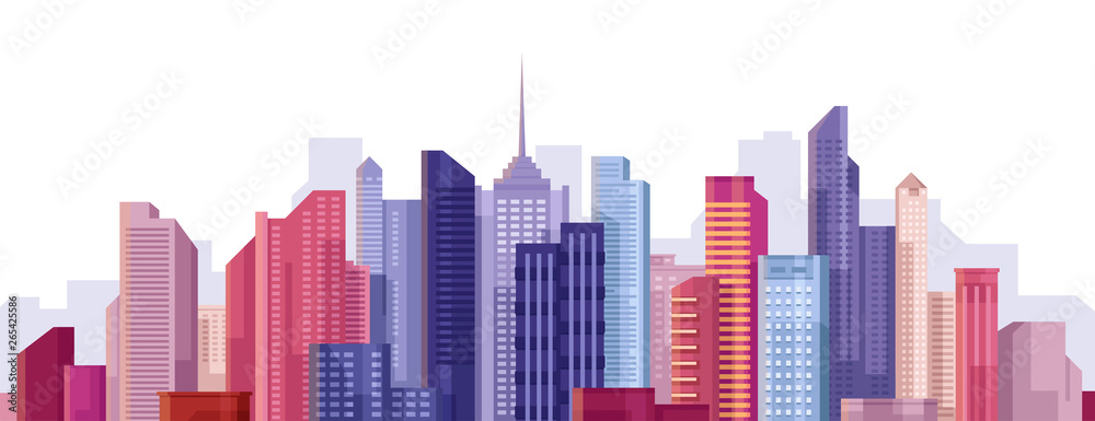 Cityscape. City landscape. Buildings panorama. Simple modern cartoon design. Realistic silhouette. Urban view with skyscrapers. Beautiful colorful template. Flat style vector illustration.