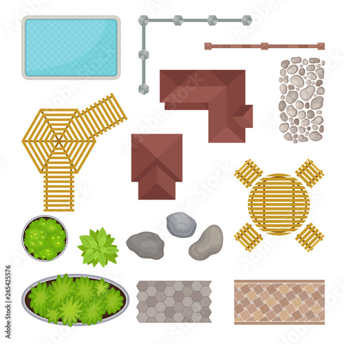 Set of elements of the park. View from above. Vector illustration.