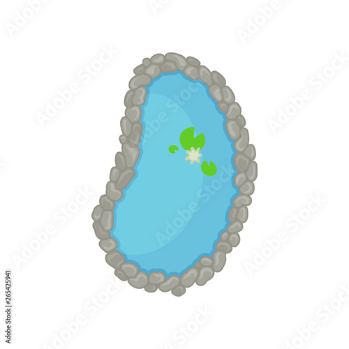 Oval pond lined with stones. View from above. Vector illustration.