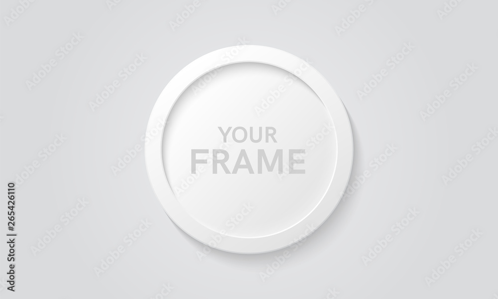 Round picture frame isolated on a wall. White color. Realistic modern template. Circle format. Mock up for pictures or photo. Beautiful minimal clean design. Eps 10 vector illustration. Round picture frame isolated on a wall. White color. Realistic modern template. Circle format. Mock up for pictures or photo. Beautiful minimal clean design. Eps 10 vector illustration.