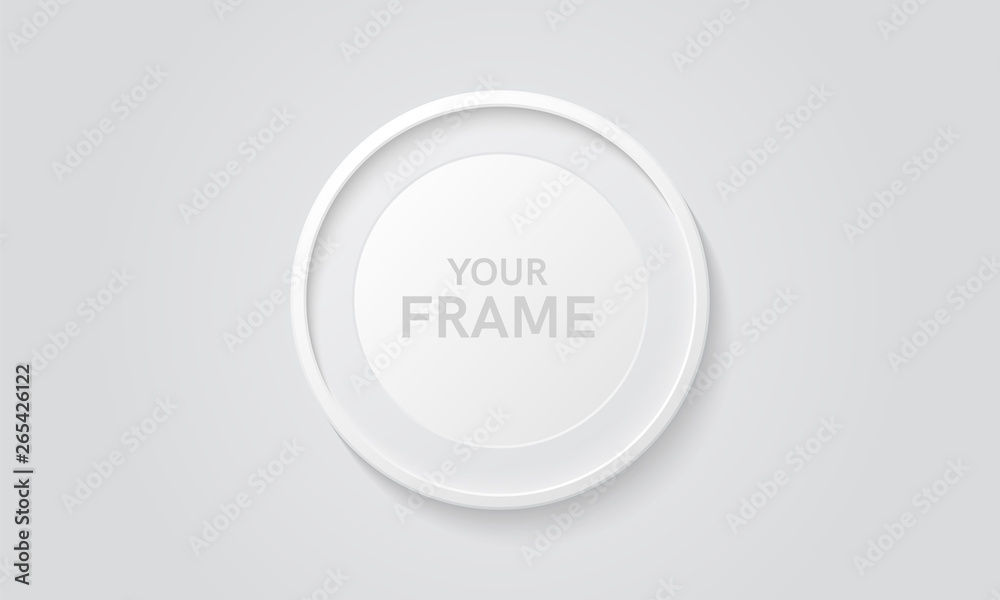 Round picture frame isolated on a wall. White color. Realistic modern template. Circle format. Mock up for pictures or photo. Beautiful minimal clean design. Eps 10 vector illustration. Round picture frame isolated on a wall. White color. Realistic modern template. Circle format. Mock up for pictures or photo. Beautiful minimal clean design. Eps 10 vector illustration.