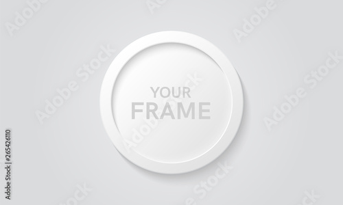 Round picture frame isolated on a wall. White color. Realistic modern template. Circle format. Mock up for pictures or photo. Beautiful minimal clean design. Eps 10 vector illustration.