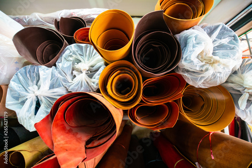 Raw genuine vegetable  tanned leather show on shelf