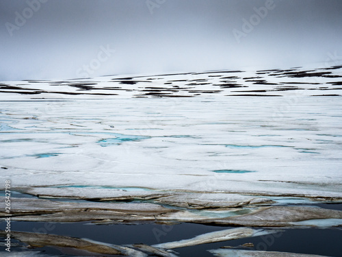 Melting snow on mountains and lakes in Iceland