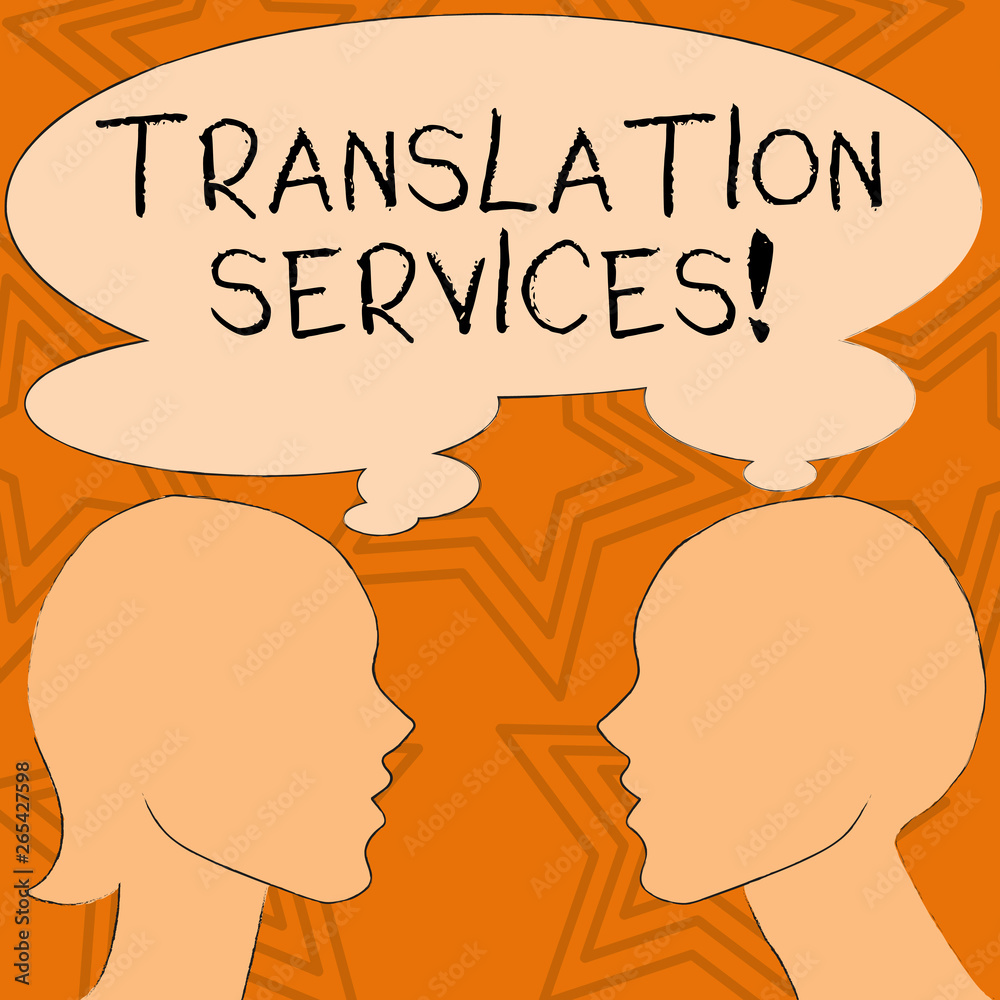 Writing note showing Translation Services. Business concept for organization that provide showing to translate speech Silhouette Sideview Profile of Man and Woman Thought Bubble