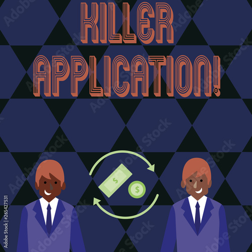 Word writing text Killer Application. Business photo showcasing virtually indispensable or much superior to rival product Money in Dollar Currency Sign Inside Rotating Arrows Between Two Businessmen photo