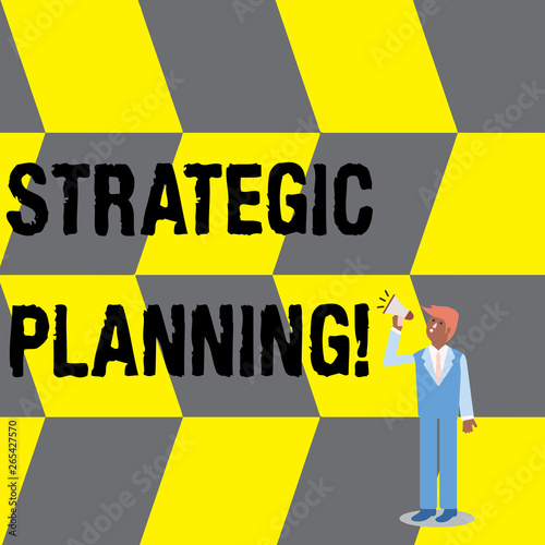 Text sign showing Strategic Planning. Business photo text systematic process of envisioning a desired future Businessman Looking Up, Holding and Talking on Megaphone with Volume Icon