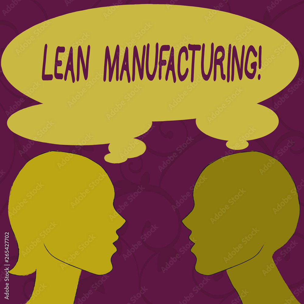 Text sign showing Lean Manufacturing. Business photo showcasing focus on minimizing waste within analysisufacturing systems Silhouette Sideview Profile Image of Man and Woman with Shared Thought