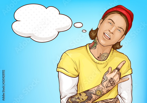 Hipster tattooed guy in fashioned clothing showing rock and roll sign. Vintage advertising poster with speech bubble on blue background. Cartoon pop art vector Illustration in retro comic book style.