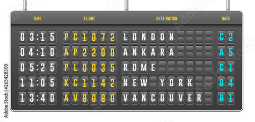 Mechanical Realistic Flip Scoreboard, Arrival Airport Board With Letters, Numbers, Time Display Board For Airport Schedule, Train Destination Timetable. Isolated On White Background. Vector EPS10