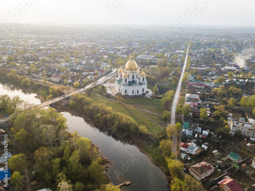 The city of Morshansk. Spring aerial view. Russia. Trinity Cathedral. River tsna