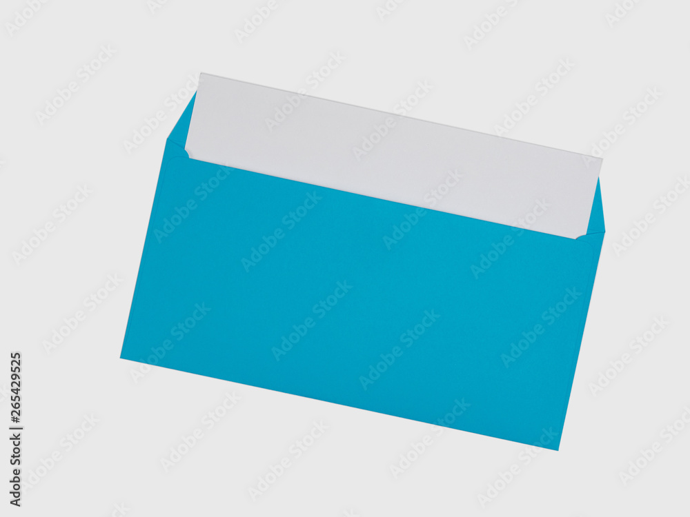 Blue envelope with a white sheet of paper on a white background Blue envelope with a white sheet of paper on a white background