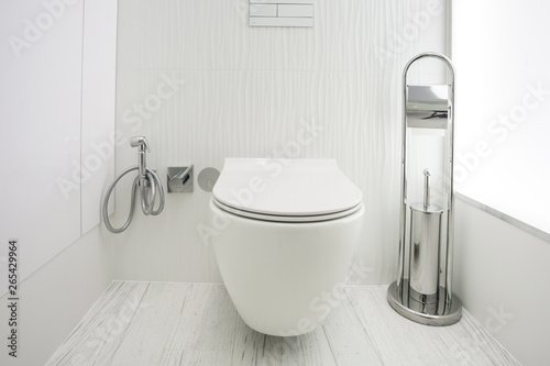 toilet and detail of a corner shower bidet with wall mount shower attachment photo