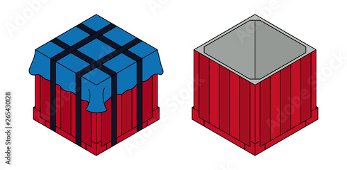 Air drop box from the game PlayerUnknown’s Battlegrounds. Closed and open box. PUBG. Isometric container. Battle royal concept. Clean and modern vector illustration for design, web.