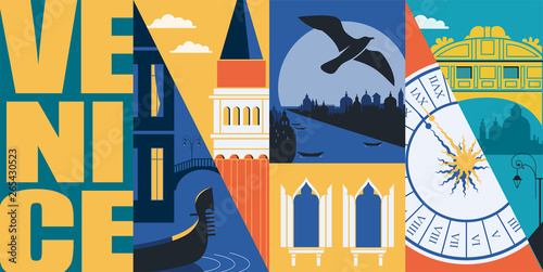 Venice, Italy vector banner, illustration. City skyline, historical buildings
