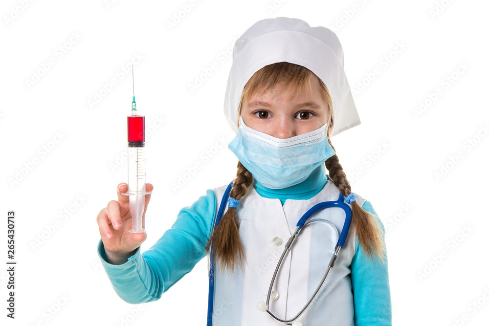 Nurse with medical face mask, holding syringe with a red liquid vertically, looking at the camera, on white landscape background Nurse with medical face mask, holding syringe with a red liquid vertically, looking at the camera, on white landscape background